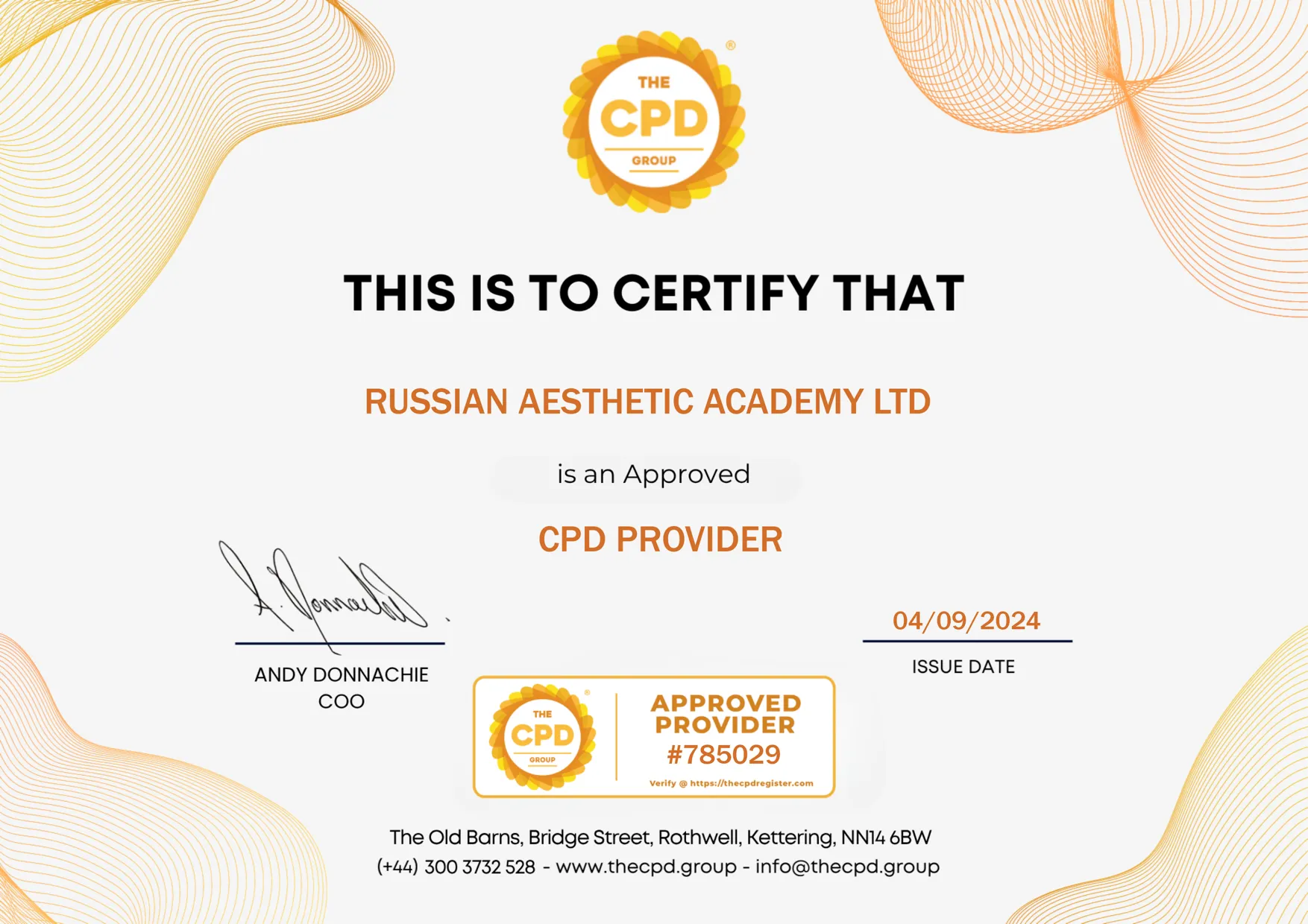 The CPD Group certificate: Russian Aesthetic Academy Ltd is an approved CPD provider, #785029