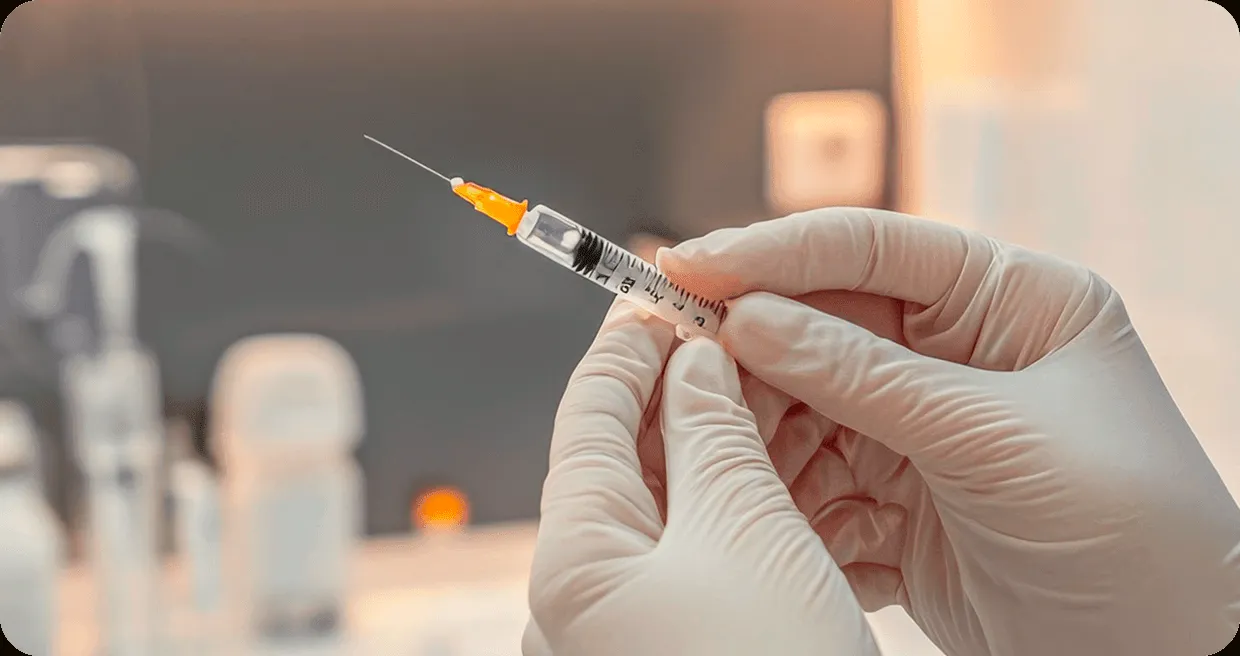 A practitioner in sterile gloves preparing a syringe